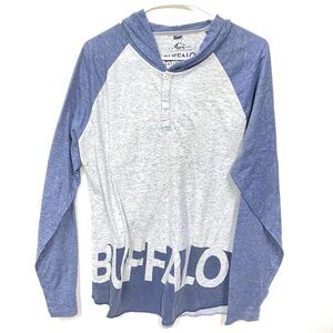 David Bottom Buffalo Long Sleeve 3 Button Hooded Cotton Polyester Shirt XL